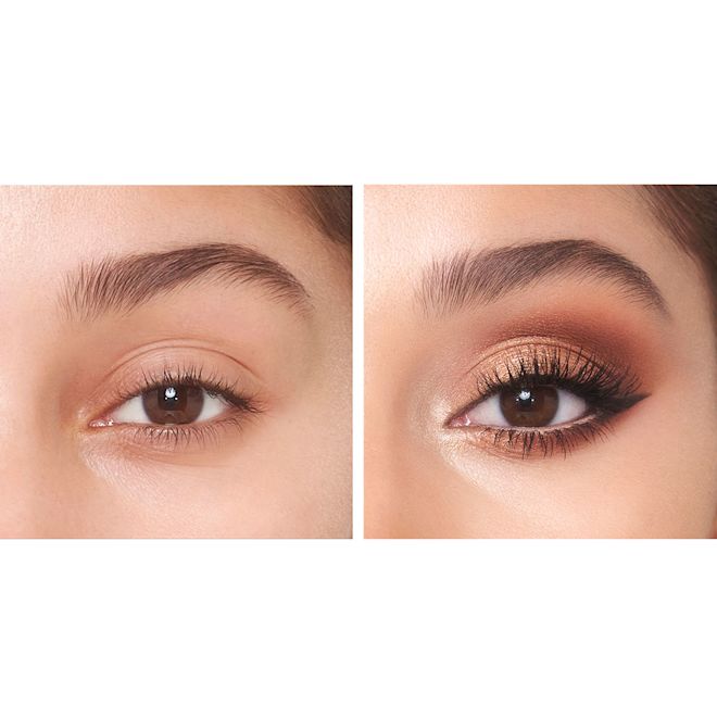 Hollywood Flawless Eye Filter in Eyes of a Star before and after on brown eye close-up Eye close-up of a light-tone model with brown eyes showing a before and after of eye with no makeup and then wearing a shimmery copper, smokey brown, and champagne eyeshadow with black eyeliner.