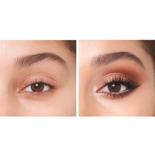 Eye close-up of a light-tone model with brown eyes showing a before and after of eye with no makeup and then wearing a shimmery copper, smokey brown, and champagne eyeshadow with black eyeliner.