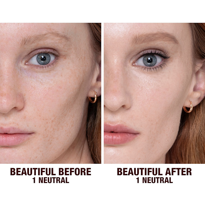 Beautiful Skin Foundation in 1 Neutral on fair-tone model before and after Before and after shots of a fair-tone model without any makeup and then wearing glowy, flawless skin, wearing skin-like foundation that adds a youthful glow and looks natural along with nude pink lipstick and subtle everyday eye makeup.