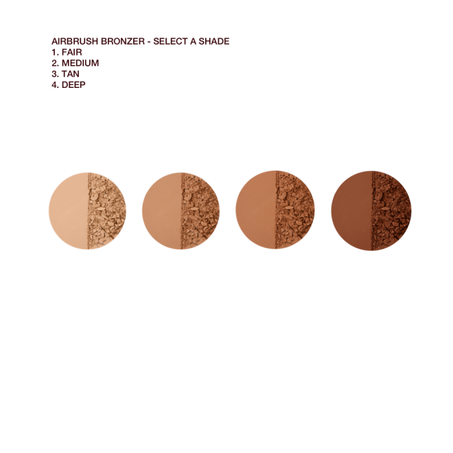 Swatches of four powder bronzers in shades of light sandy brown, medium brown, chocolate brown, and dark brown.