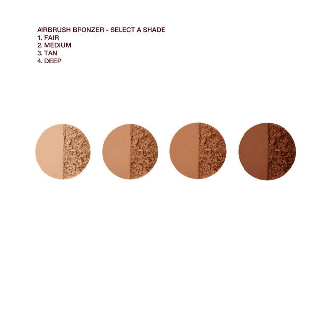 Swatches of four powder bronzers in shades of light sandy brown, medium brown, chocolate brown, and dark brown.