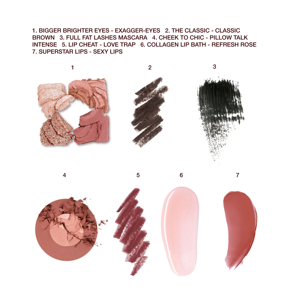 Swatches of a quad eyeshadow palette in shades of pink, brown, and gold, brown eyeliner, black mascara, two-tone blush in warm pink and medium brown, lip liner in redwood, lipstick lip balm in sheer pink, and lip gloss in terracotta 