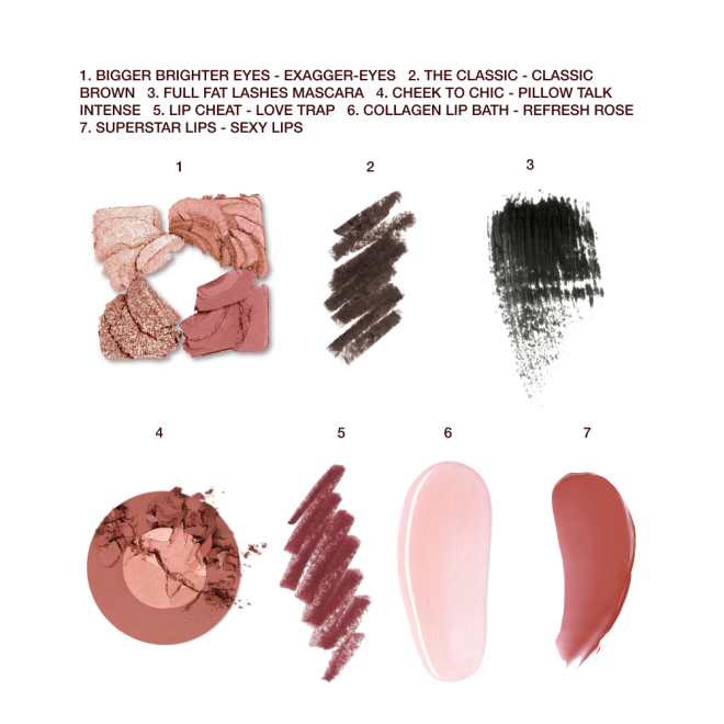 Swatches of a quad eyeshadow palette in shades of pink, brown, and gold, brown eyeliner, black mascara, two-tone blush in warm pink and medium brown, lip liner in redwood, lipstick lip balm in sheer pink, and lip gloss in terracotta 