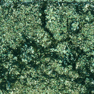 Swatch of an iridescent emerald green eyeshadow with very fine shimmer. 