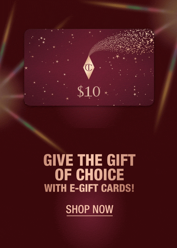 GIF of different e-gift cards in maroon colour with golden sparkles and different price values, £10, £25, £50, £100, £250.