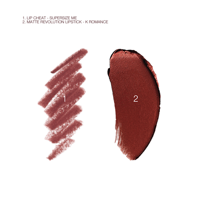 Lunar New Year Lip Kit in K-Romance swatch Swatch of a matte lipstick in a soft, muted berry-rose with swatch of a lip liner pencil in an identical shade.