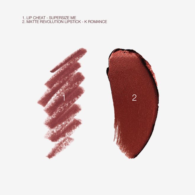 Lunar New Year Lip Kit in K-Romance swatch Swatch of a matte lipstick in a soft, muted berry-rose with swatch of a lip liner pencil in an identical shade.