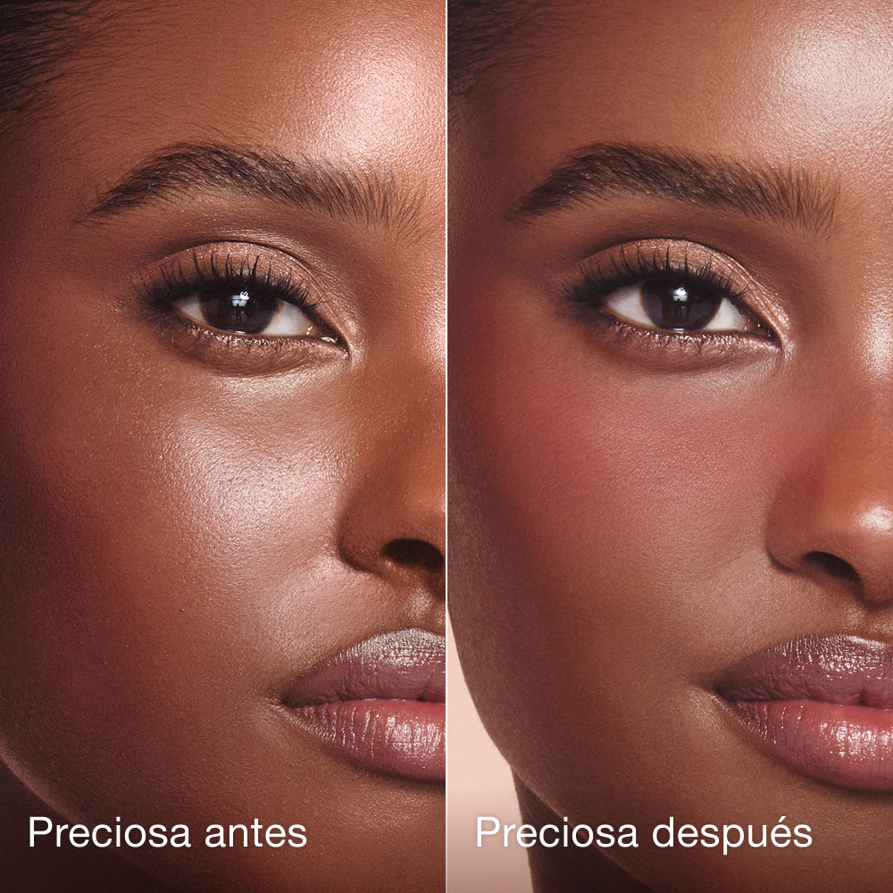Pillow Talk Beauty Soulmates Love Blush Palette Antes y después de Flawless Rosewood en modelo de piel oscura