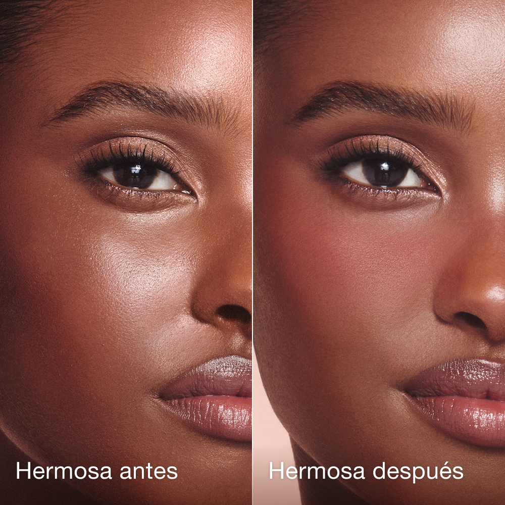 Pillow Talk Beauty Soulmates Love Blush Palette Antes y después de Flawless Rosewood en modelo de piel oscura