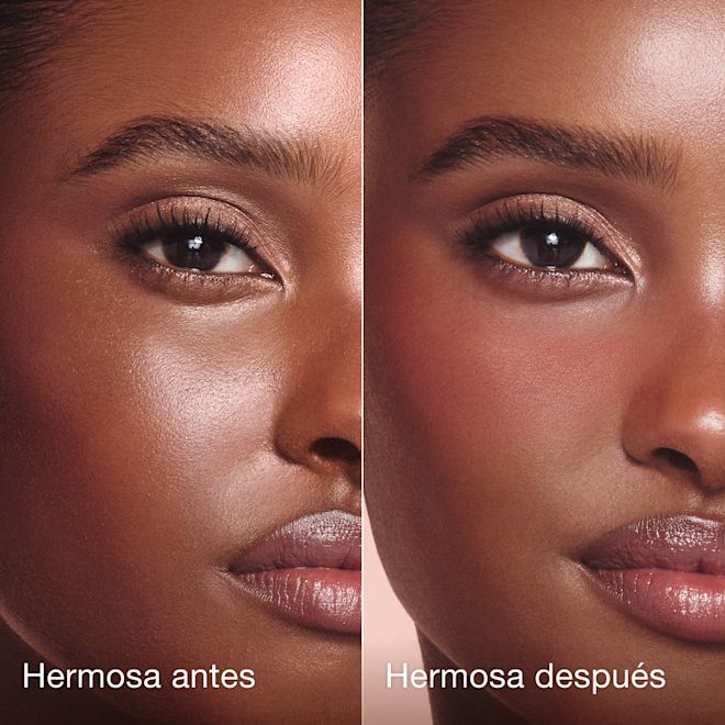 Pillow Talk Beauty Soulmates Love Blush Palette Antes y después de Flawless Rosewood en modelo de piel oscura Pillow Talk Beauty Soulmates Love Blush Palette Antes y después de Flawless Rosewood en modelo de piel oscura