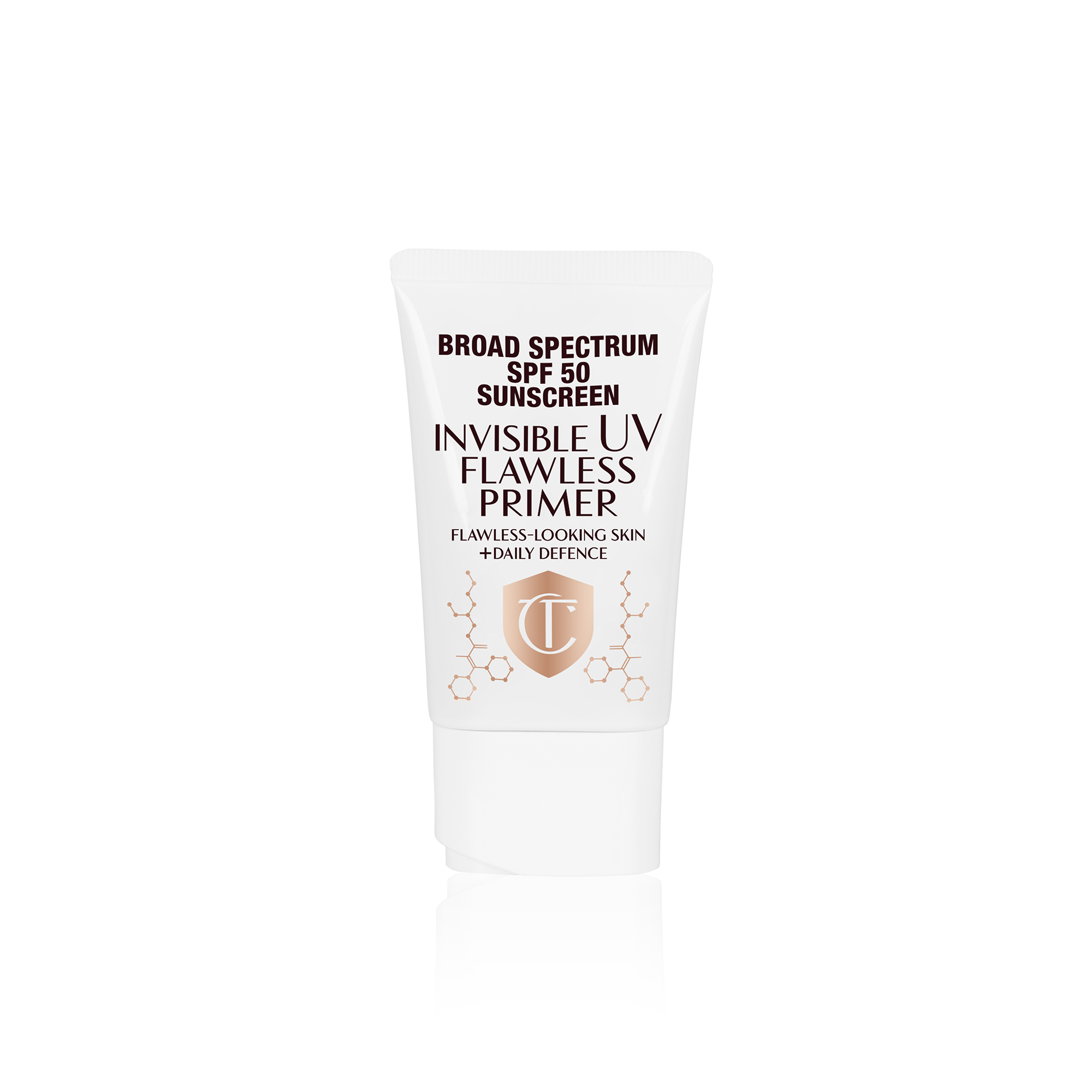 A primer in a white-coloured tube with a white-coloured lid with text on it that reads, 'invisible UV Flawless poreless primer SPF 50 PA++++'.