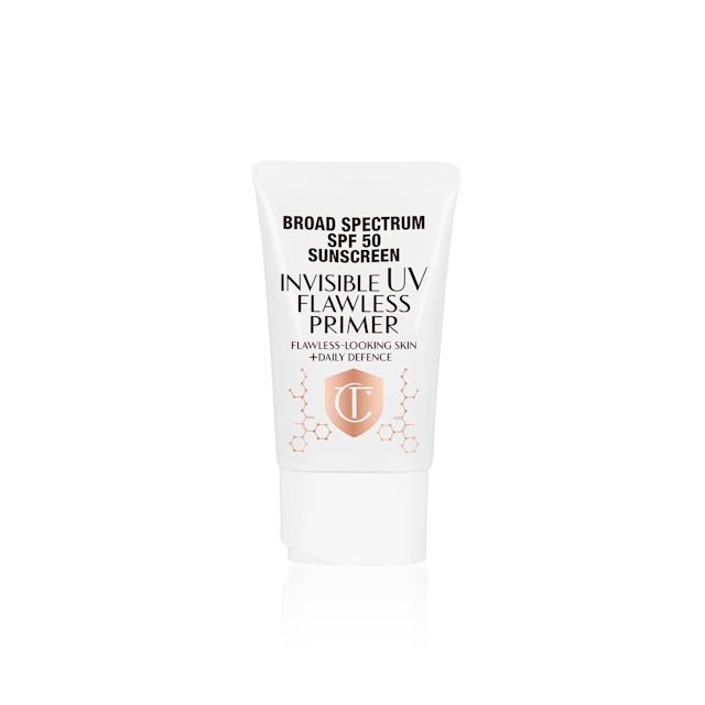 A primer in a white-coloured tube with a white-coloured lid with text on it that reads, 'invisible UV Flawless poreless primer SPF 50 PA++++'.
