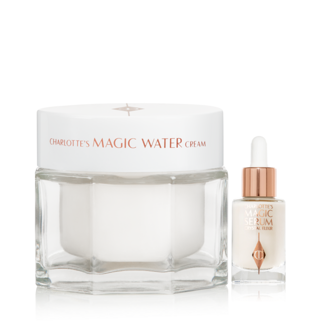 Magic Water Cream packaging and Magic Serum on white background