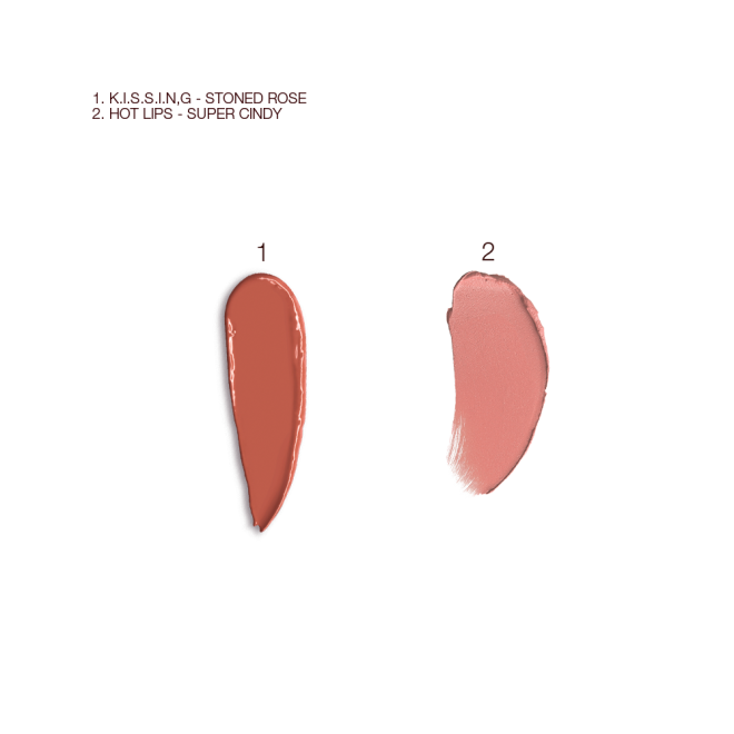 Swatches of two lipsticks, one in a brick red shade with a satin finish and the other in a soft peachy-rose shade with a matte finish.