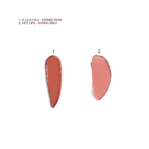 Swatches of two lipsticks, one in a brick red shade with a satin finish and the other in a soft peachy-rose shade with a matte finish.