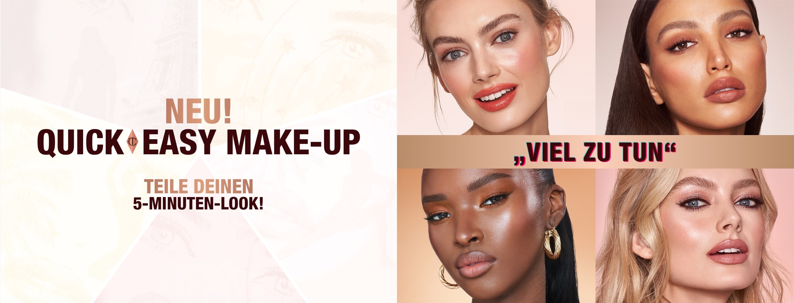 Banner with fair, tan, and deep tone models wearing glowy and fresh looks for different occasions, and text that reads, 'New! quick & easy makeup instant 5-minute looks. Scribble, smudge, swipe + go! Shop now'