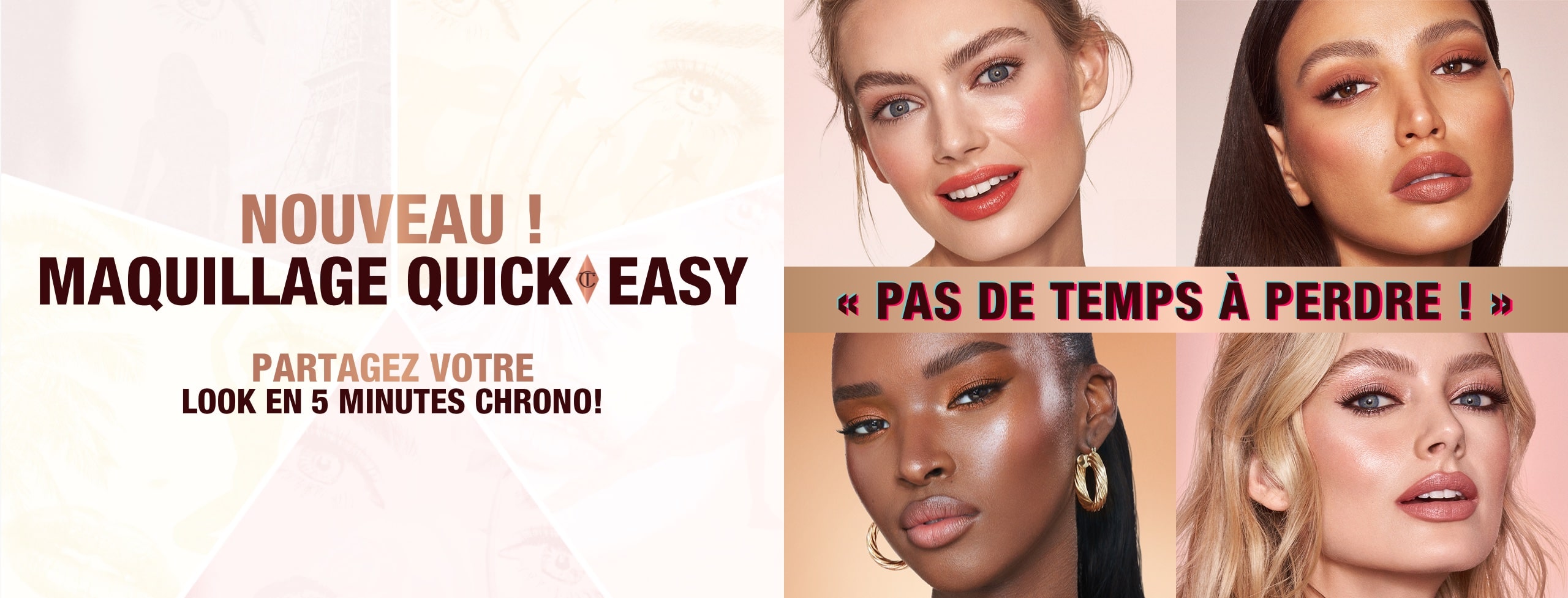 Banner with fair, tan, and deep tone models wearing glowy and fresh looks for different occasions, and text that reads, 'New! quick & easy makeup instant 5-minute looks. Scribble, smudge, swipe + go! Shop now'