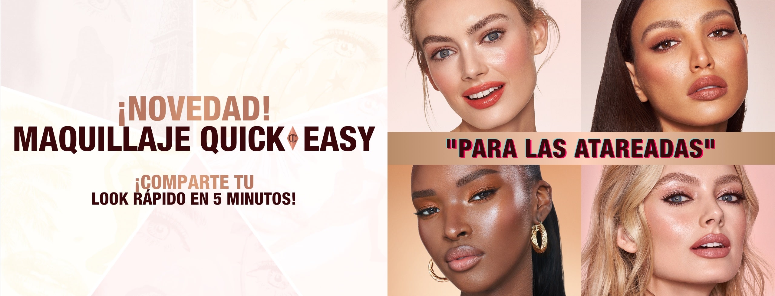 Banner with fair, tan, and deep tone models wearing glowy and fresh looks for different occasions, and text that reads, 'New! quick & easy makeup instant 5-minute looks. Scribble, smudge, swipe + go! Shop now'