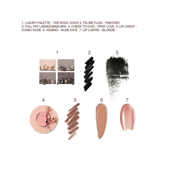 Swatches of a quad eyeshadow palette in shades of grey and gold, black eyeliner, black mascara, two-tone blush in champagne and light pink, lip liner in nude brown, lipstick in light caramel shade, and lip gloss in sheer pink. 