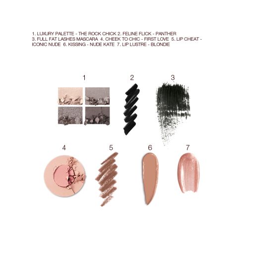Swatches of a quad eyeshadow palette in shades of grey and gold, black eyeliner, black mascara, two-tone blush in champagne and light pink, lip liner in nude brown, lipstick in light caramel shade, and lip gloss in sheer pink. 