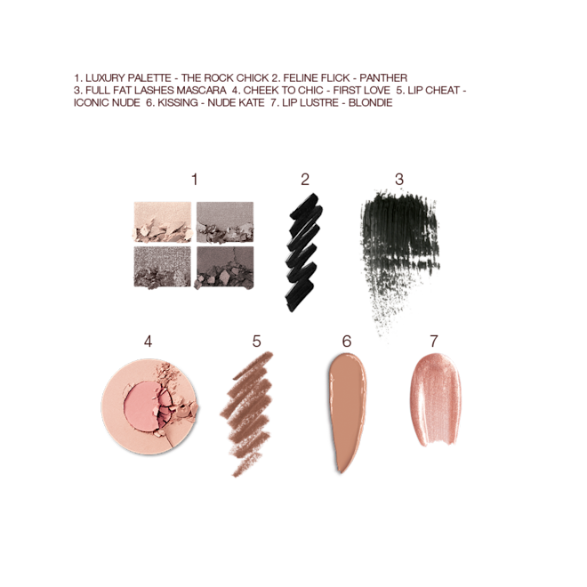 The Rock Chick kit for light tones swatches Swatches of a quad eyeshadow palette in shades of grey and gold, black eyeliner, black mascara, two-tone blush in champagne and light pink, lip liner in nude brown, lipstick in light caramel shade, and lip gloss in sheer pink.