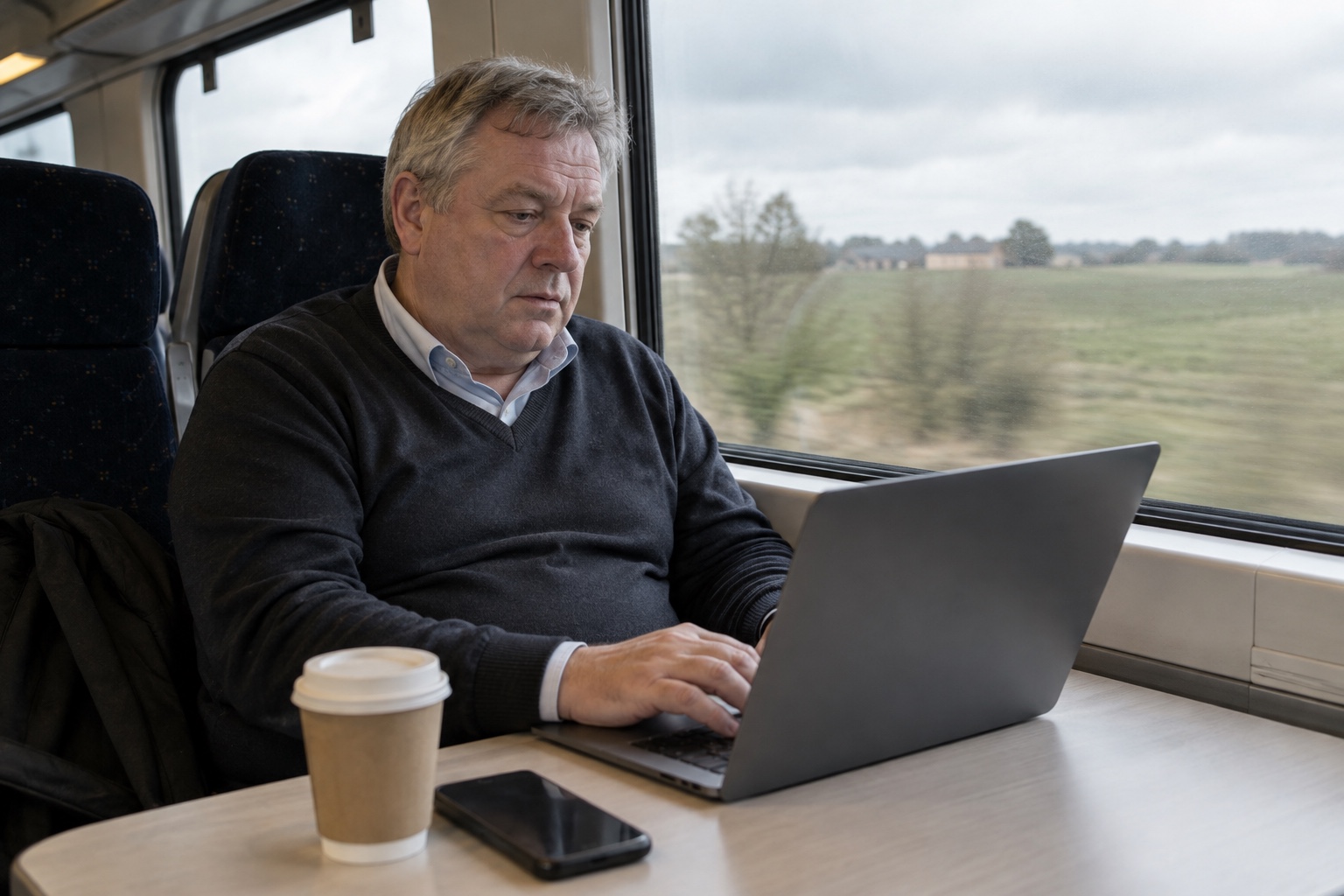 Billede af en person som arbejder fra en togkupe