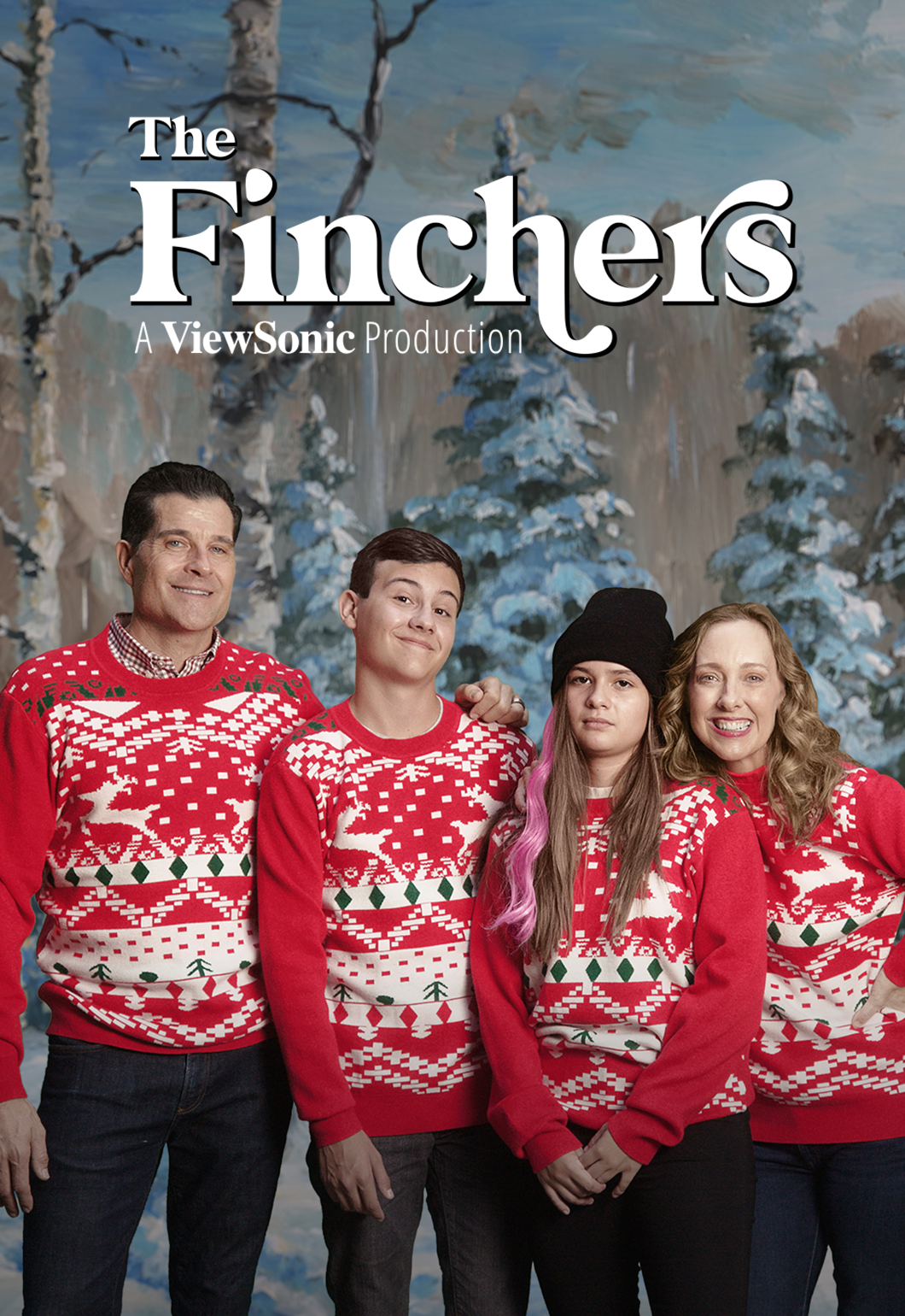 Finchers family in holiday sweaters with The Finchers logo