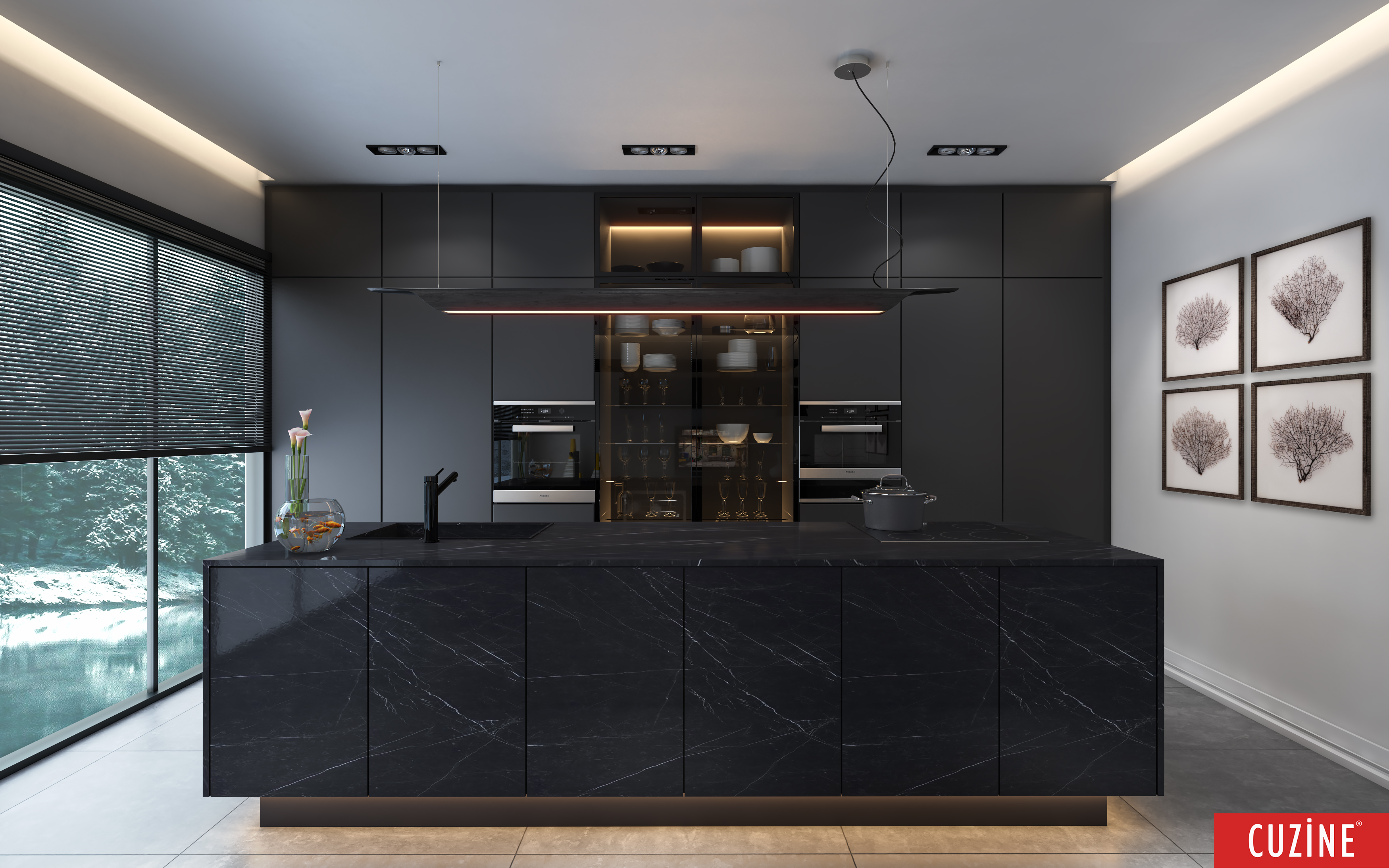 Bold, black kitchen with modern lines and warm accent lighting 