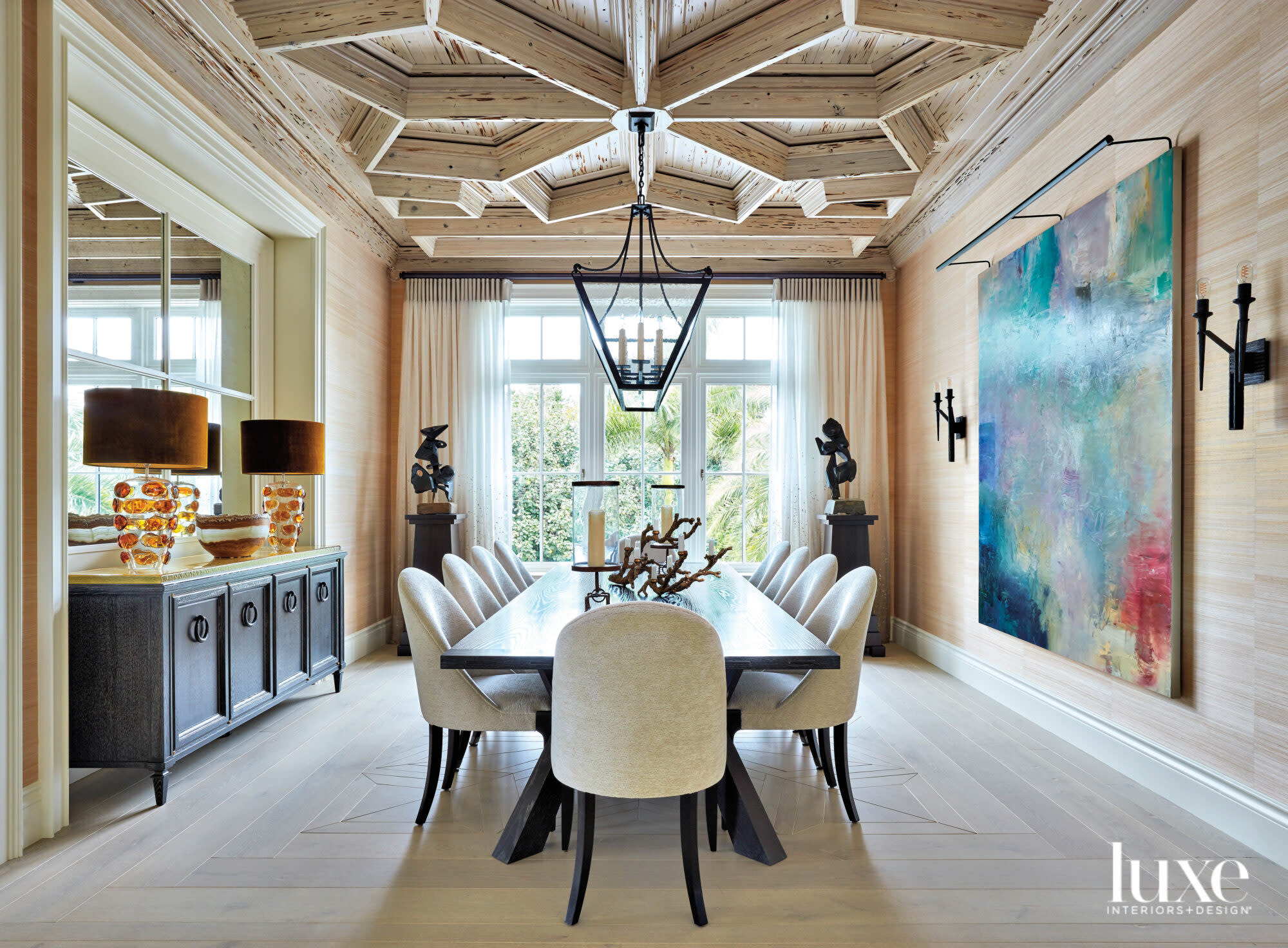 Dining room with detailed cypress ceiling