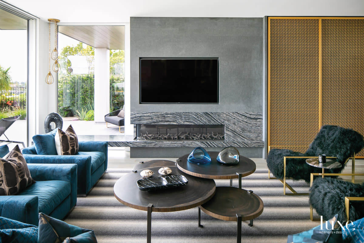gray great room stone fireplace