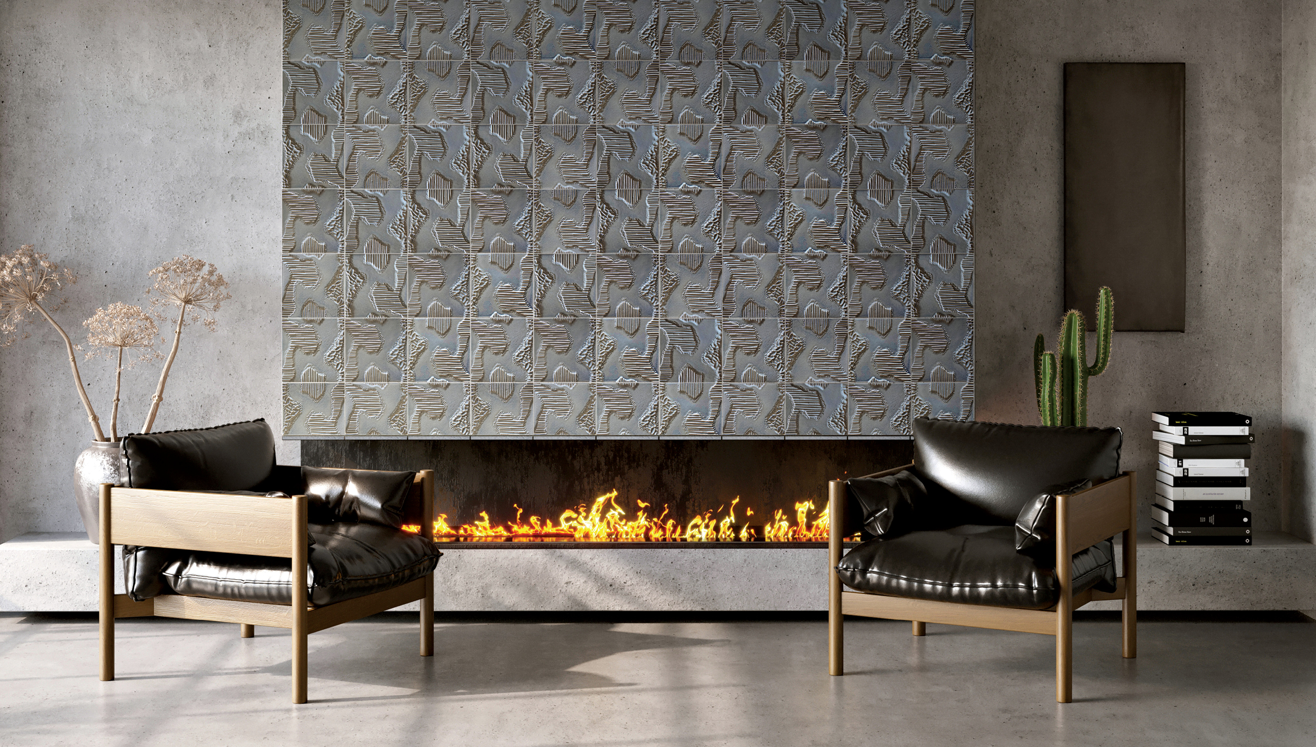 fireplace topped with textured tiles