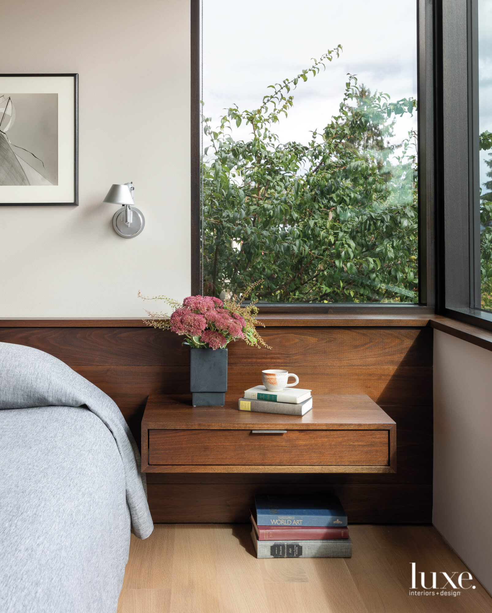 Detail shot of main bedroom with integrated bed and headboard