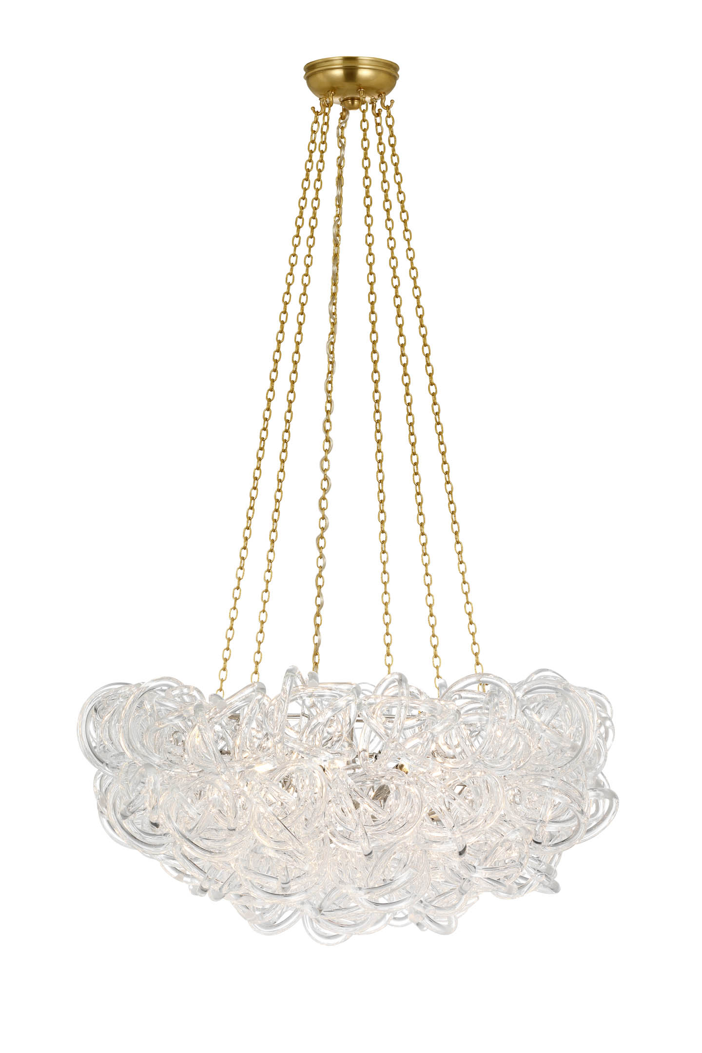 Elegant chandelier with intricate clear glass swirls suspended by gold chains. The design is artistic and modern, evoking a sense of luxury and sophistication.
