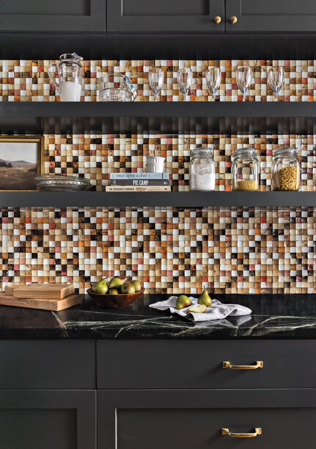 pantry with a wallcovering made from coconut shells