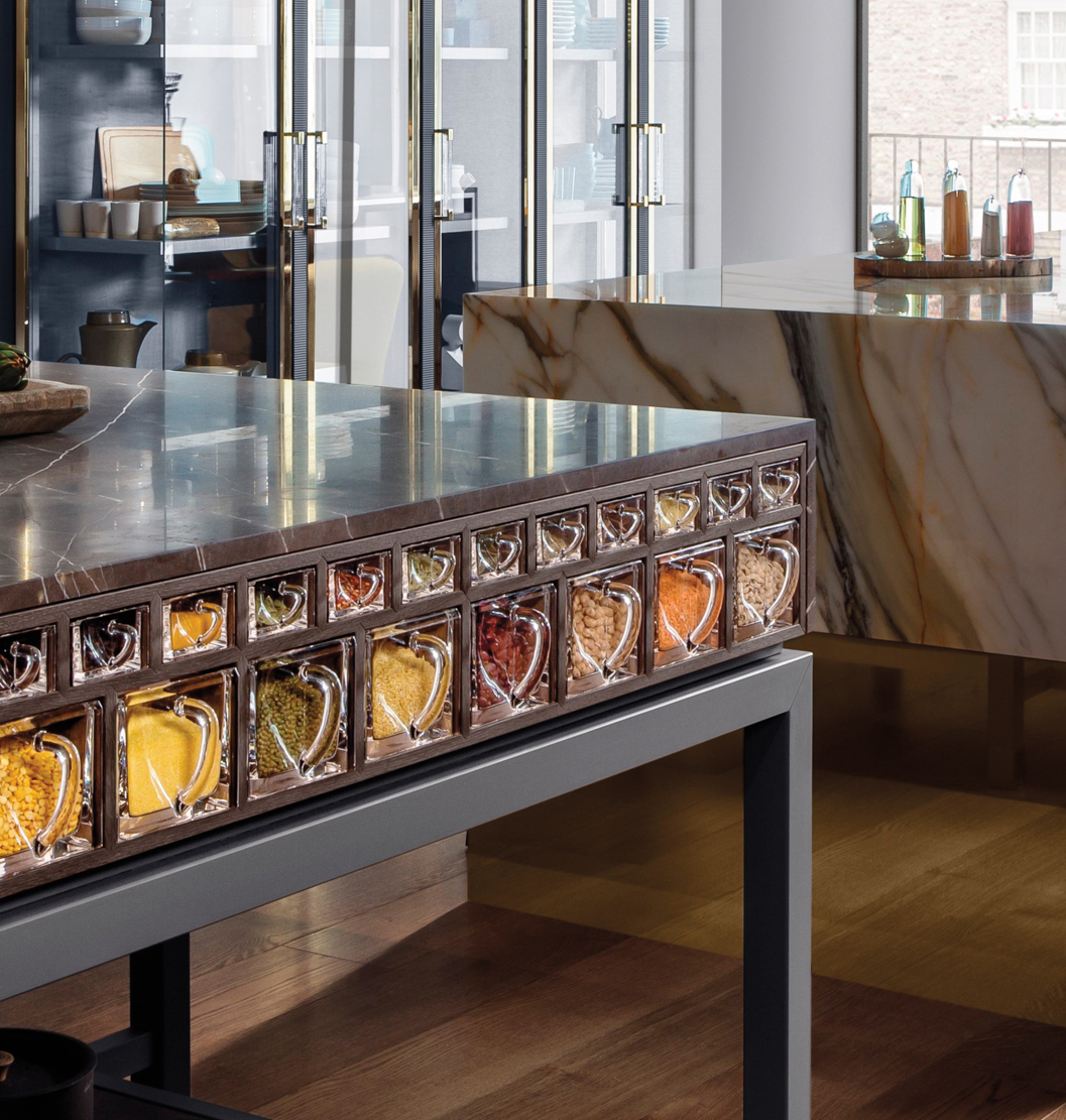 brown kitchen drawer that also serves as spice cabinet