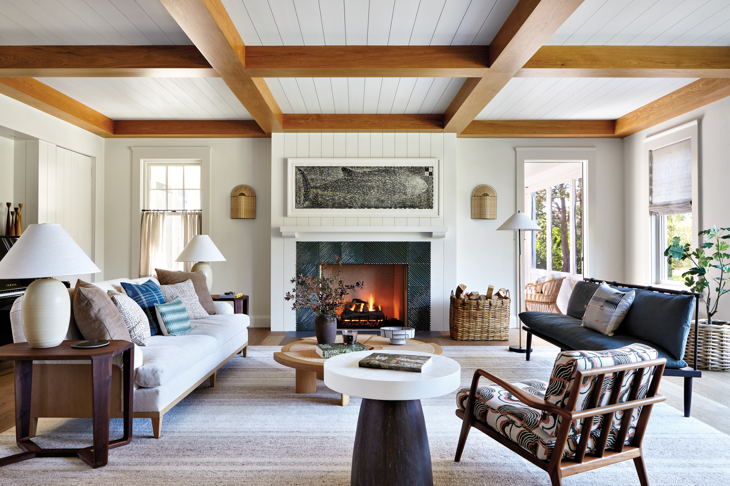 cozy living room with ship lap paneling and contemporary furnishings