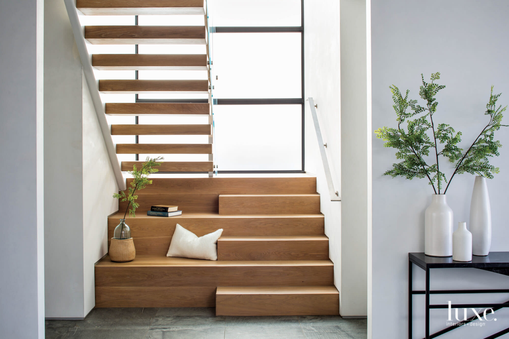 Detail shot of wood stairway with seating