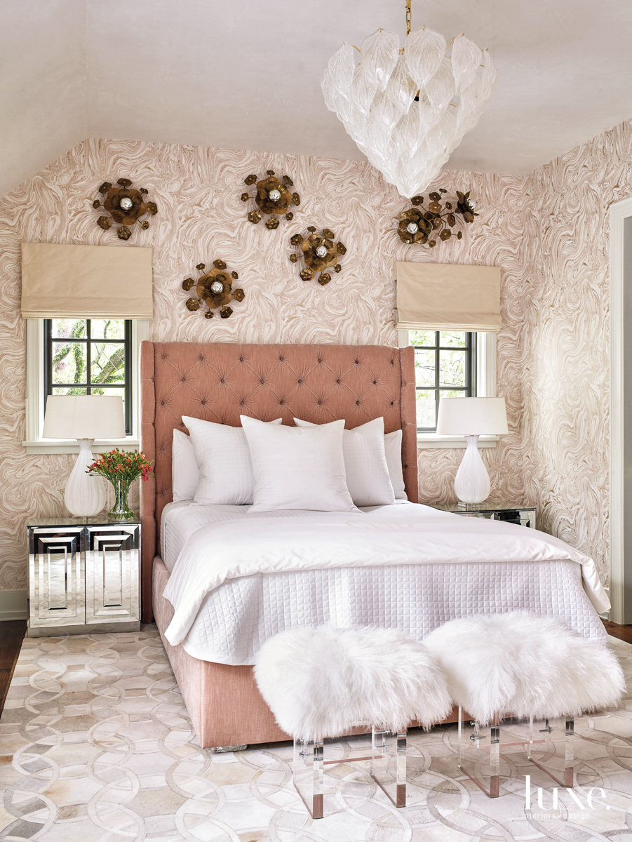 Barbiecore interior design bedroom with pink custom tufted bed