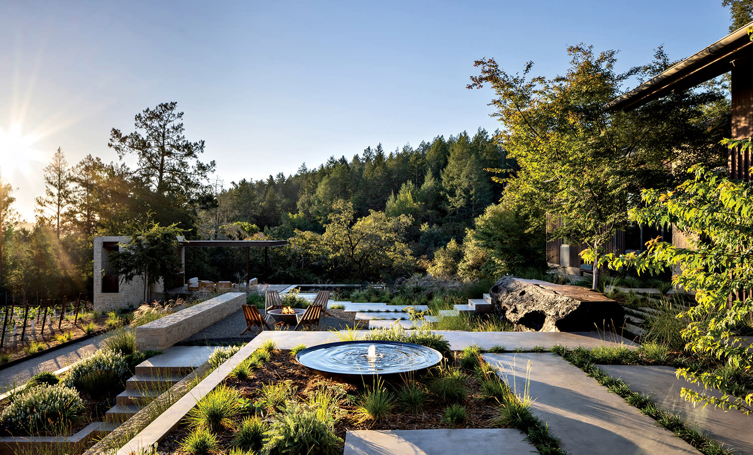 terraced gardens, fire pit and defined landscaping at a California home