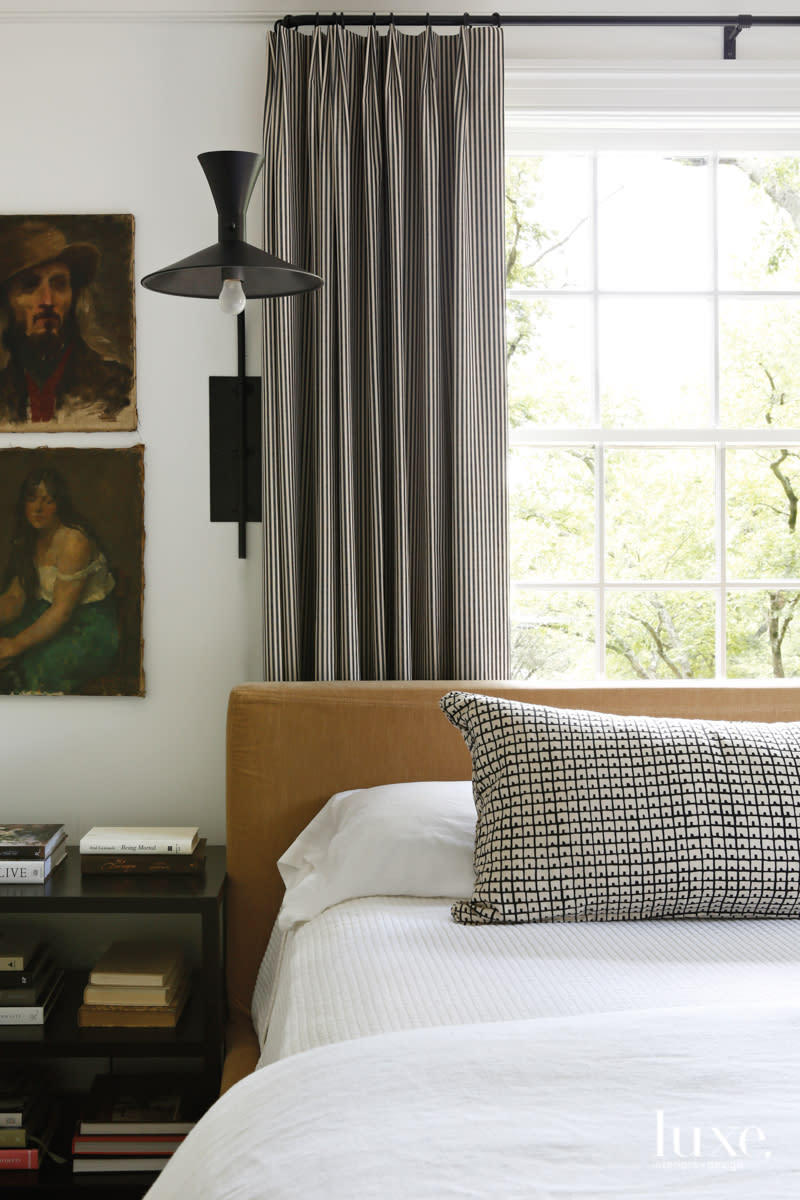 master bedroom RH bed vintage artwork