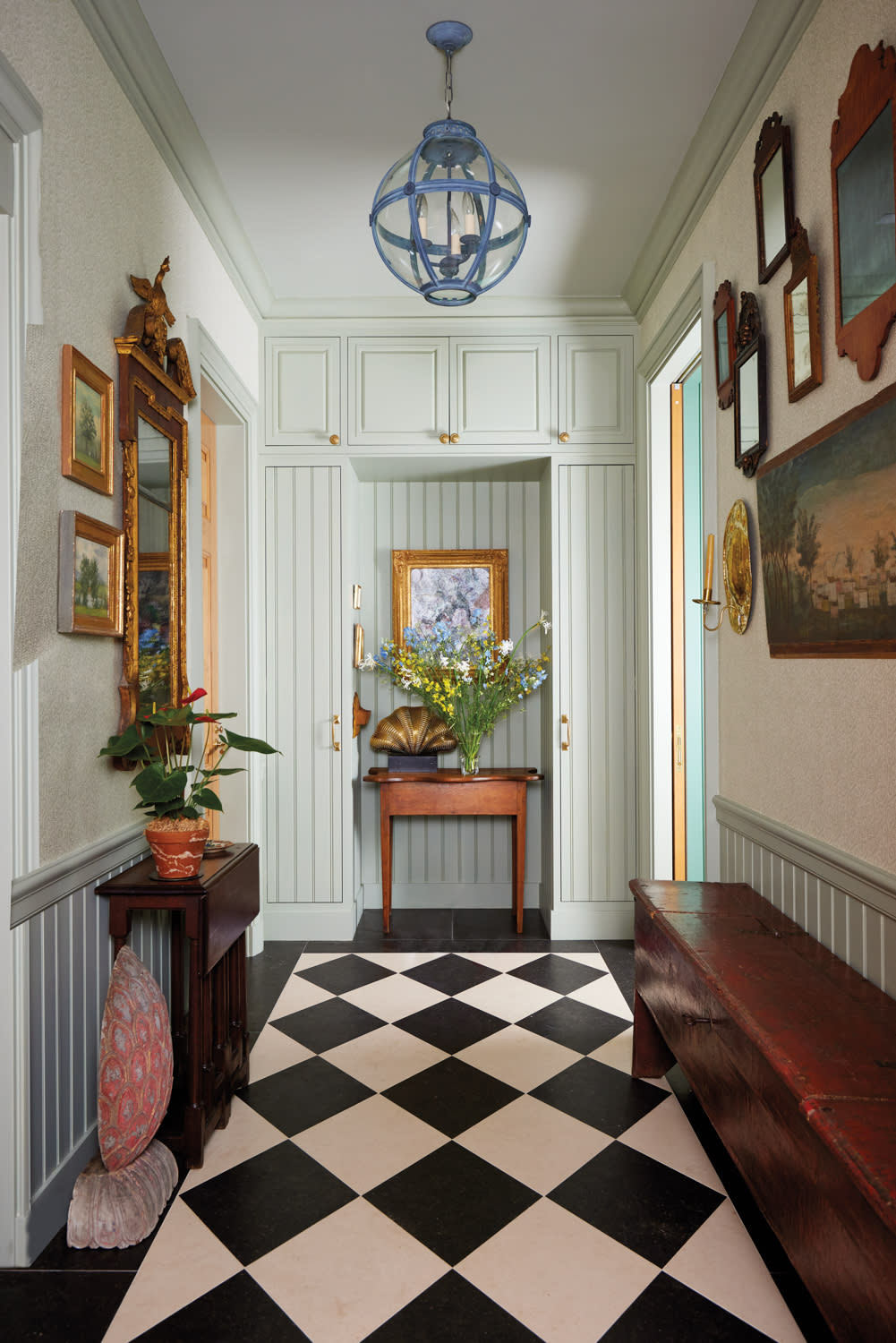 black and white check floor hallway