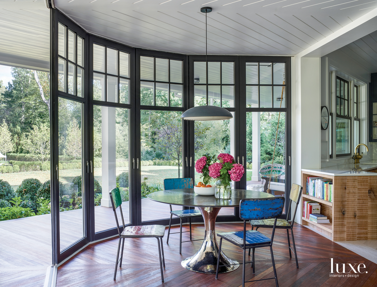 eclectic dining area and sliding glass doors