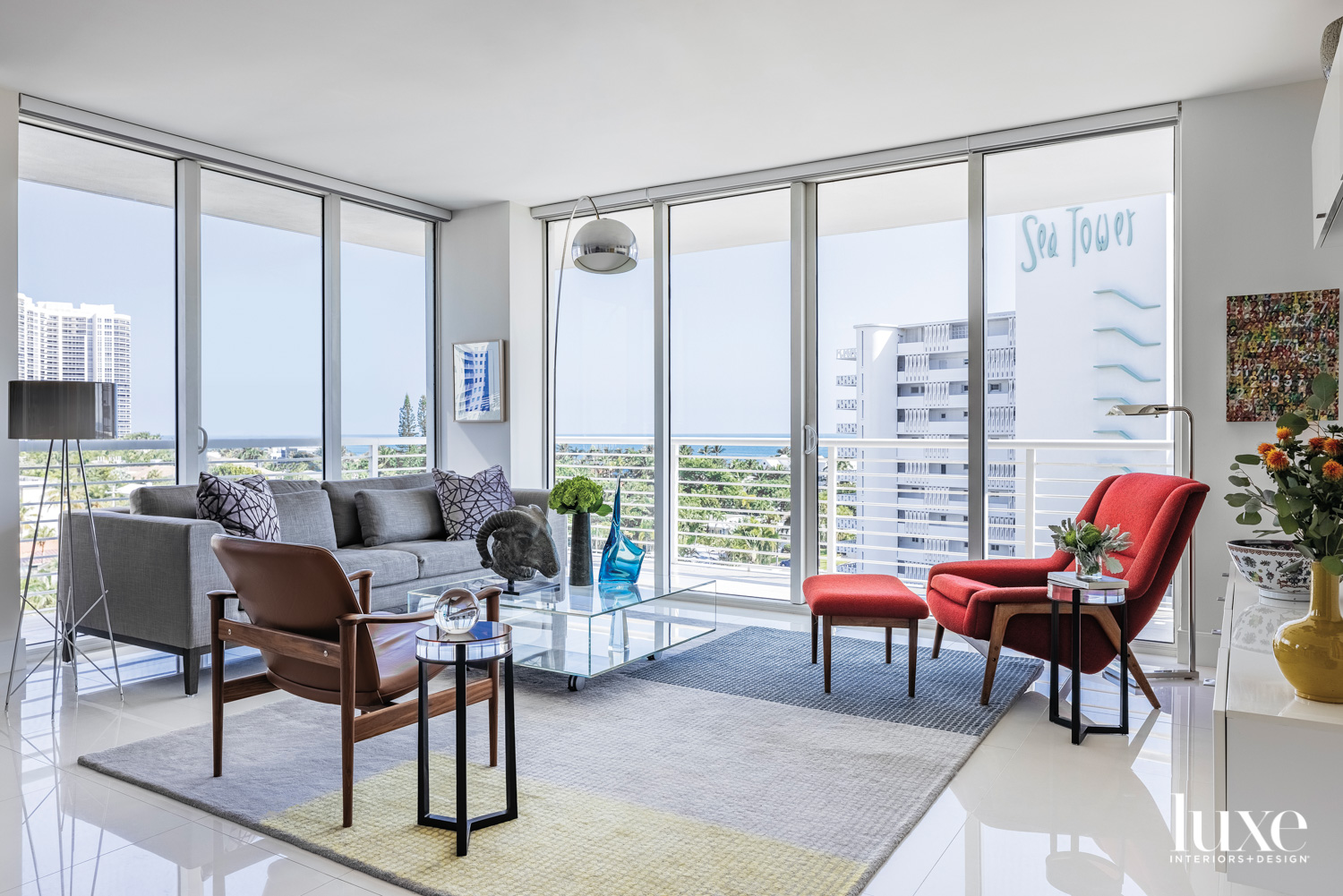 modern light-filled living area with colorful seating options