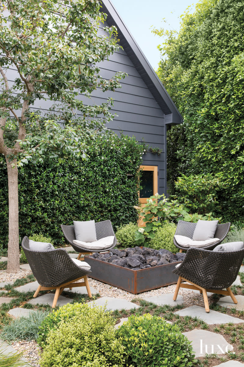 Outdoor seating area around a firepit