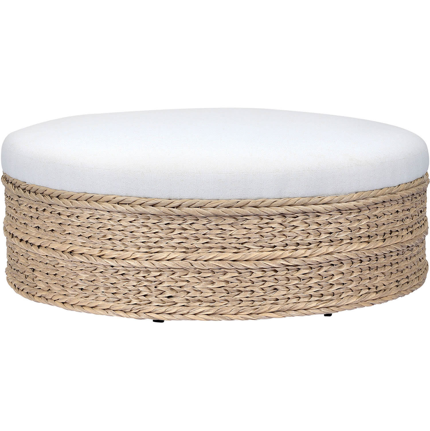 Round ottoman with a white cushioned top and natural woven rattan sides. The earthy tones and simple design convey a cozy, relaxed atmosphere.