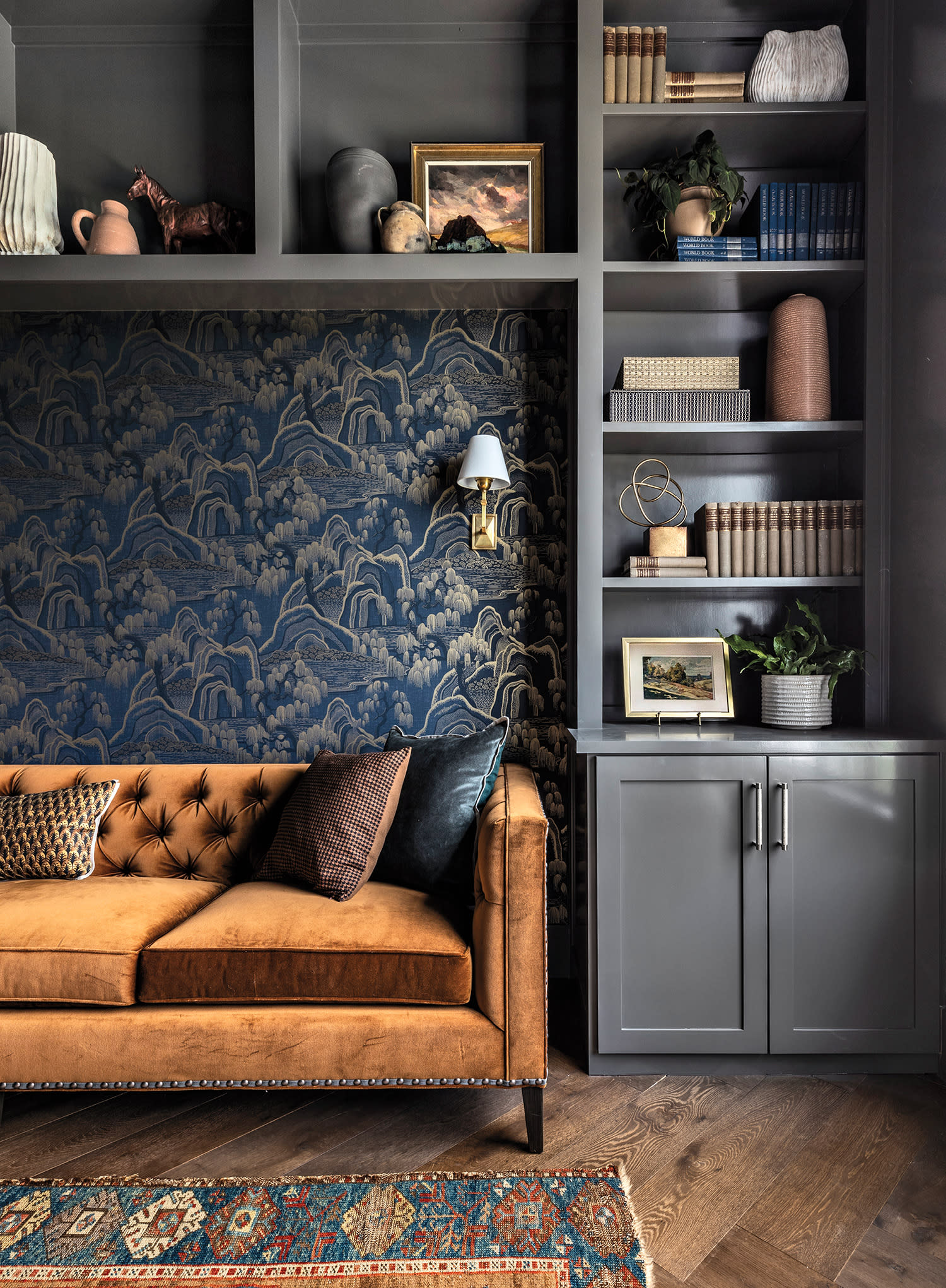 blue moody reading nook in a home study