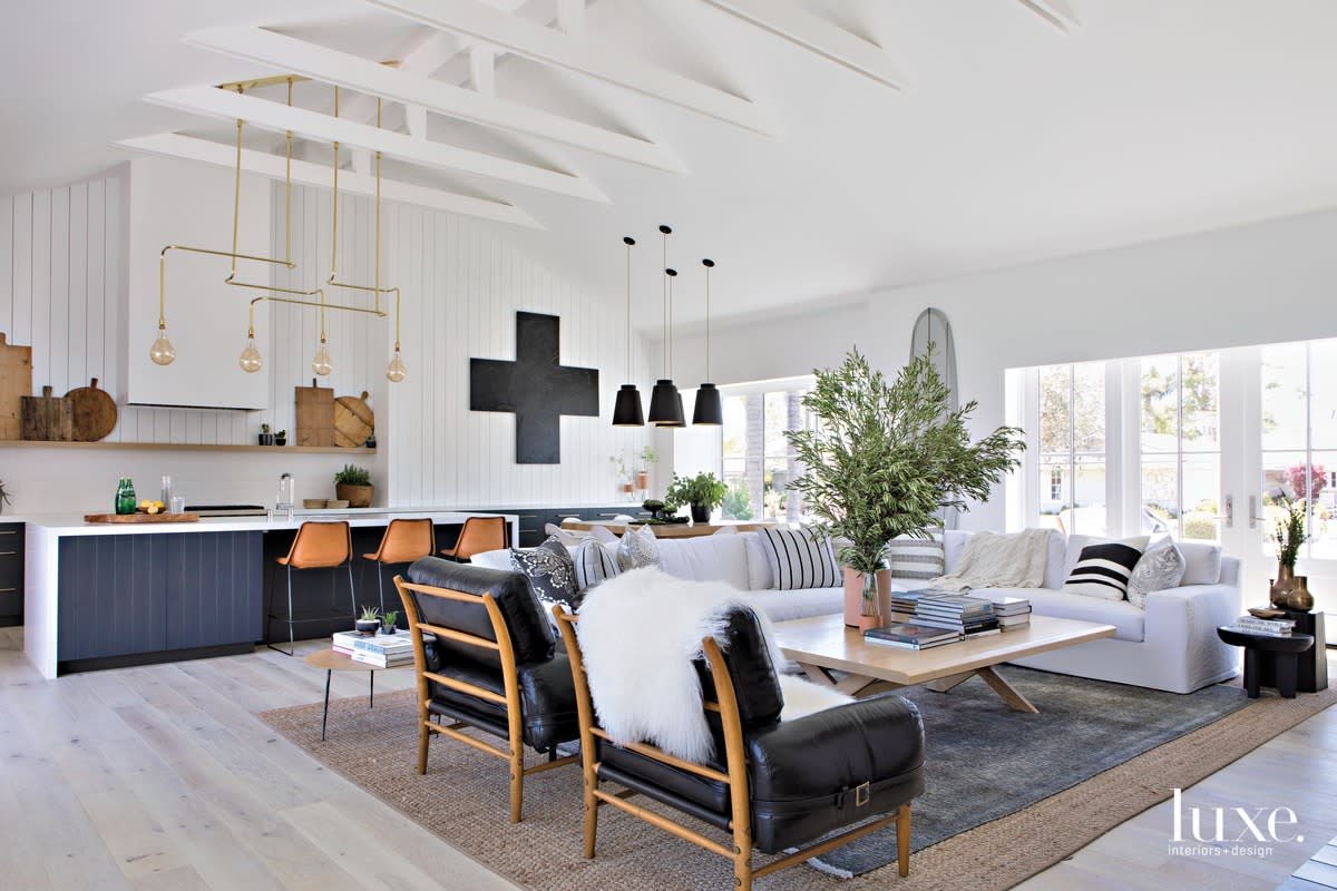 farmhouse white living room black and brown accents by Showalter Construction