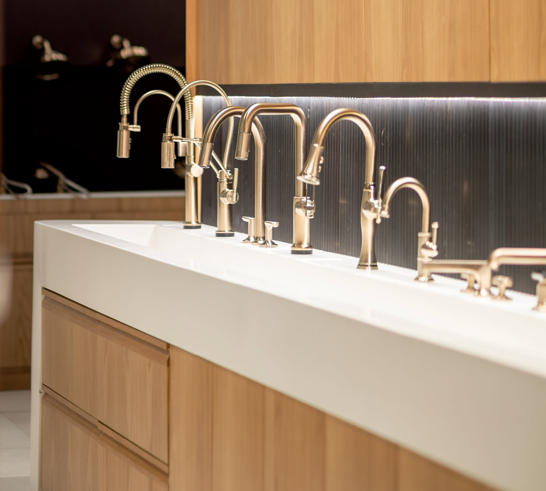 collection of faucets at Brizo's showroom