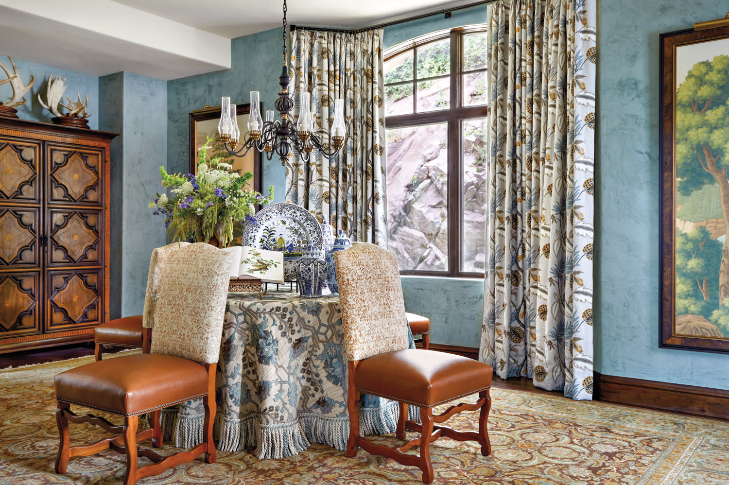 light blue and patterned dining room