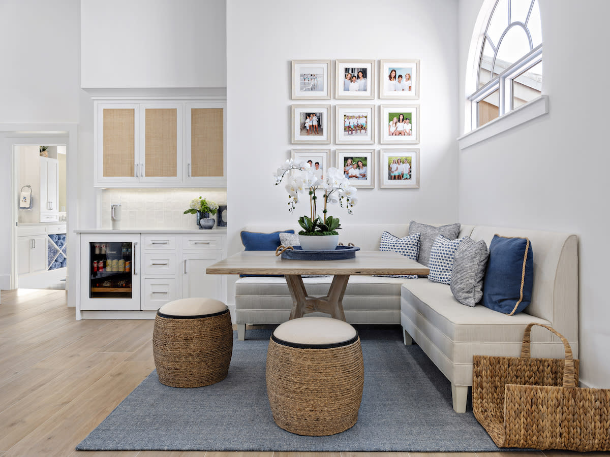 breakfast nook, two stools, picture gallery wall